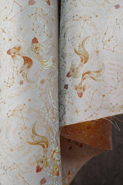 Song Brocade Pisces Gold Thread Jacquard Fabric – Chinese Zodiac Luxury Woven Textile for Hanfu, Costumes & Decorative Use, 59"Wide