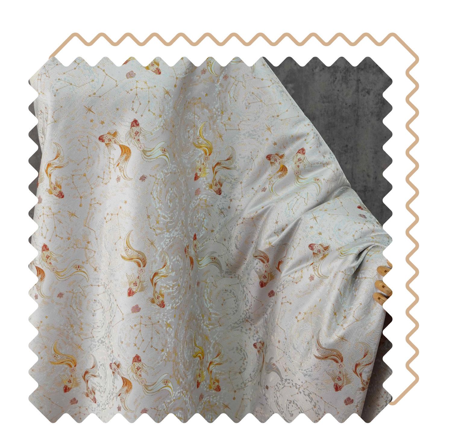Song Brocade Pisces Gold Thread Jacquard Fabric – Chinese Zodiac Luxury Woven Textile for Hanfu, Costumes & Decorative Use, 59"Wide