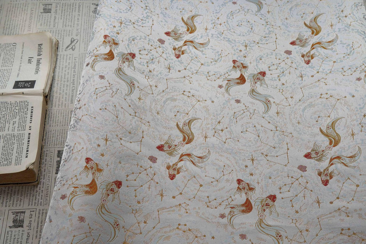 Song Brocade Pisces Gold Thread Jacquard Fabric – Chinese Zodiac Luxury Woven Textile for Hanfu, Costumes & Decorative Use, 59"Wide