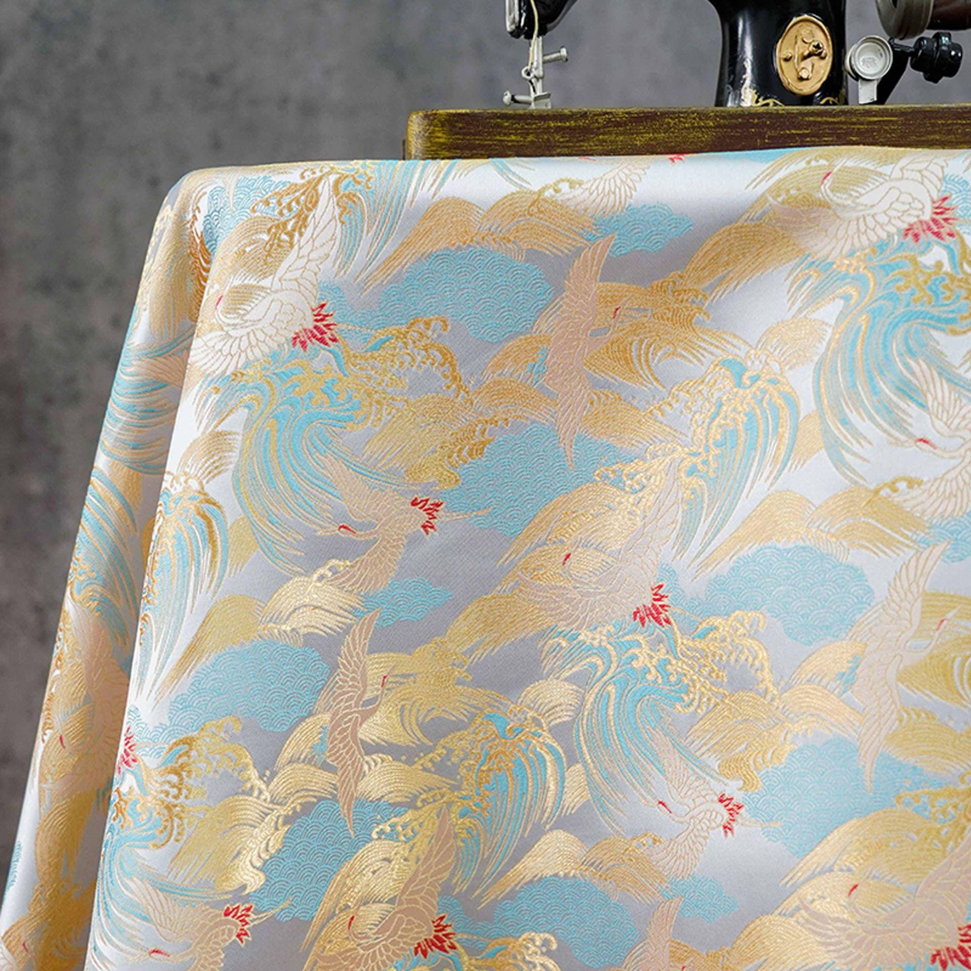 Crane Cloud Brocade Fabric | Song Dynasty Jacquard | Celestial Bird Pattern | Hanfu Wedding Decor Cosplay, 59"Wide