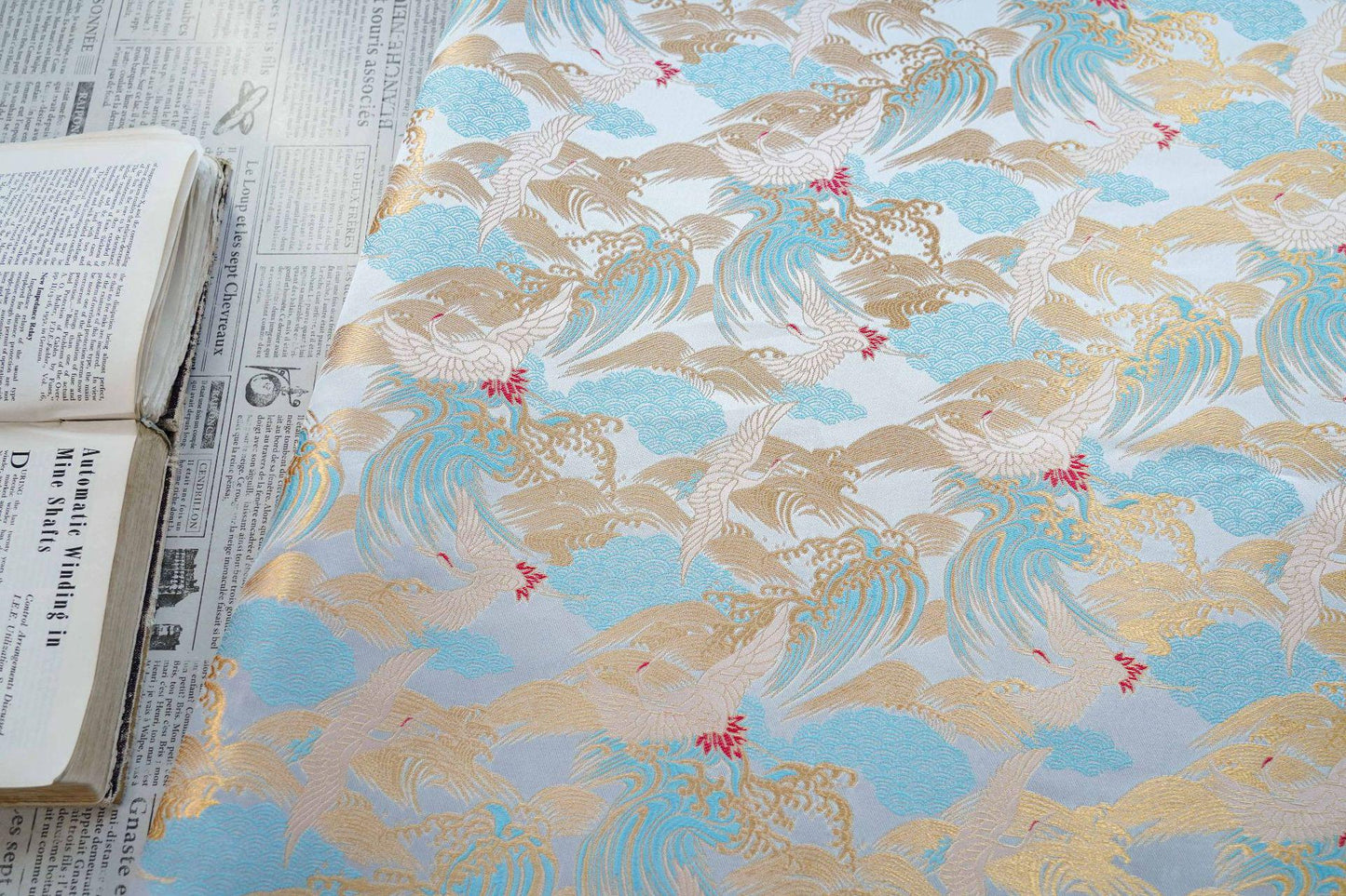 Crane Cloud Brocade Fabric | Song Dynasty Jacquard | Celestial Bird Pattern | Hanfu Wedding Decor Cosplay, 59"Wide