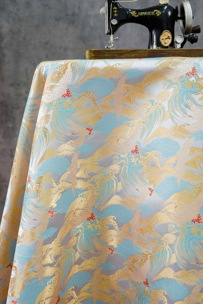 Crane Cloud Brocade Fabric | Song Dynasty Jacquard | Celestial Bird Pattern | Hanfu Wedding Decor Cosplay, 59"Wide