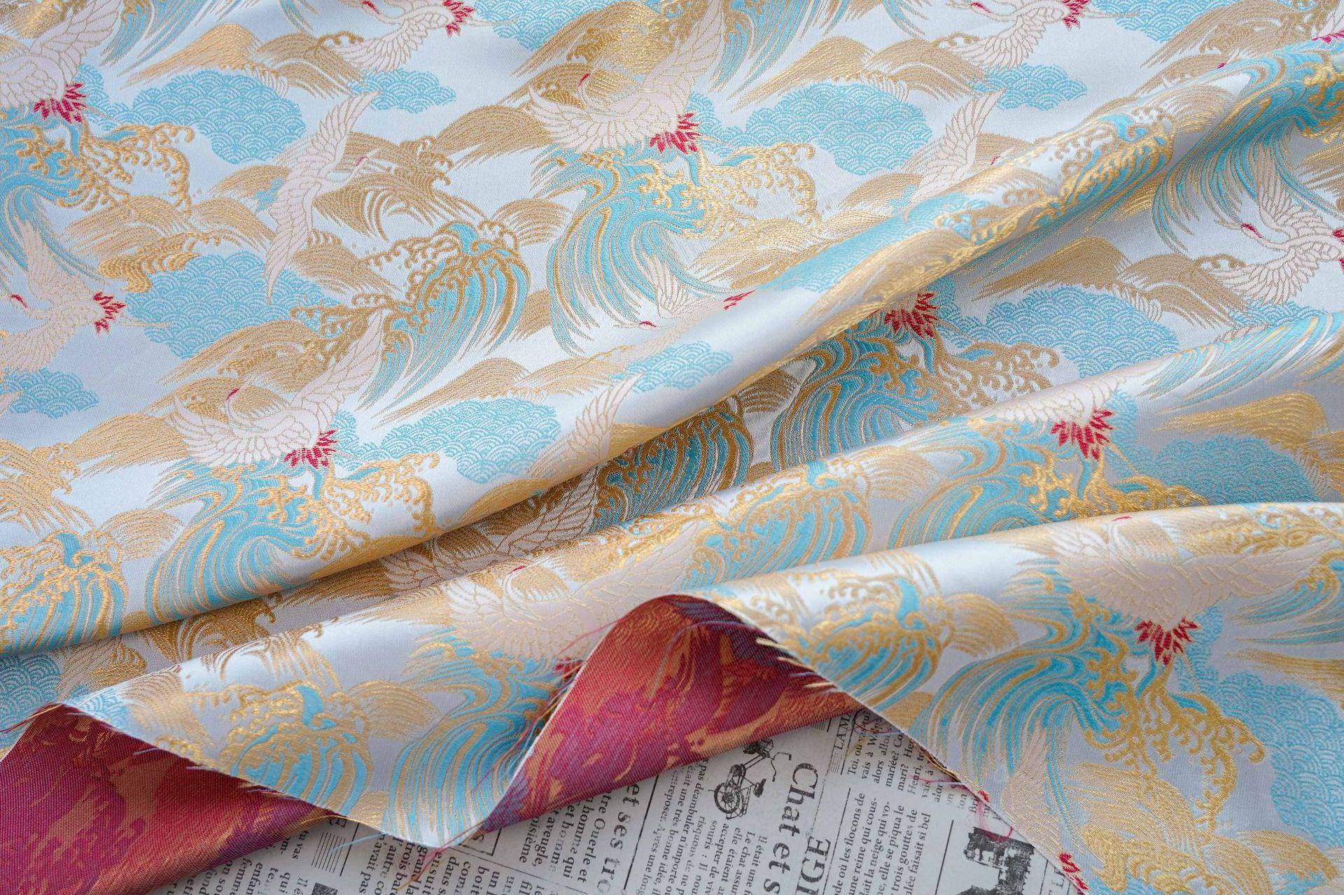 Crane Cloud Brocade Fabric | Song Dynasty Jacquard | Celestial Bird Pattern | Hanfu Wedding Decor Cosplay, 59"Wide