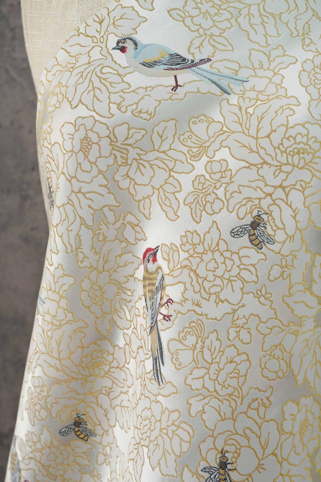 Song Brocade Bird Floral Jacquard | Gold Thread Fabric | Exotic Bird Among Flowers | Hanfu Wedding Cosplay Decor, 64"Wide - Poppylollipop