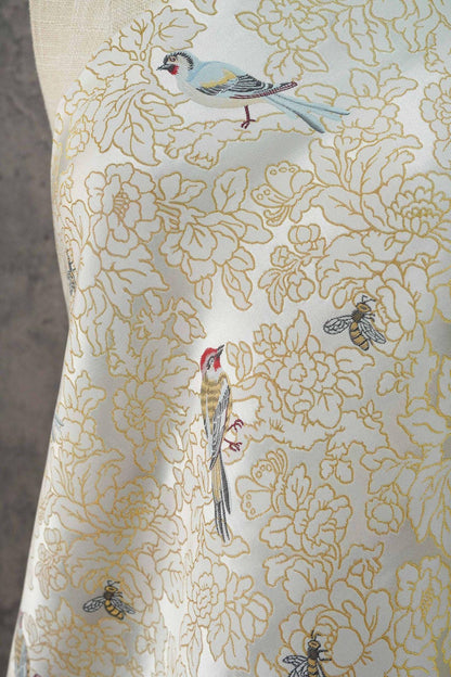 Song Brocade Bird Floral Jacquard | Gold Thread Fabric | Exotic Bird Among Flowers | Hanfu Wedding Cosplay Decor, 64"Wide - Poppylollipop