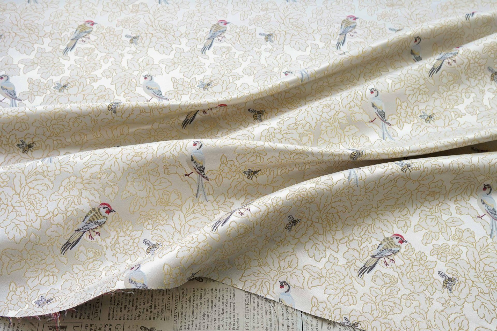 Song Brocade Bird Floral Jacquard | Gold Thread Fabric | Exotic Bird Among Flowers | Hanfu Wedding Cosplay Decor, 64"Wide - Poppylollipop