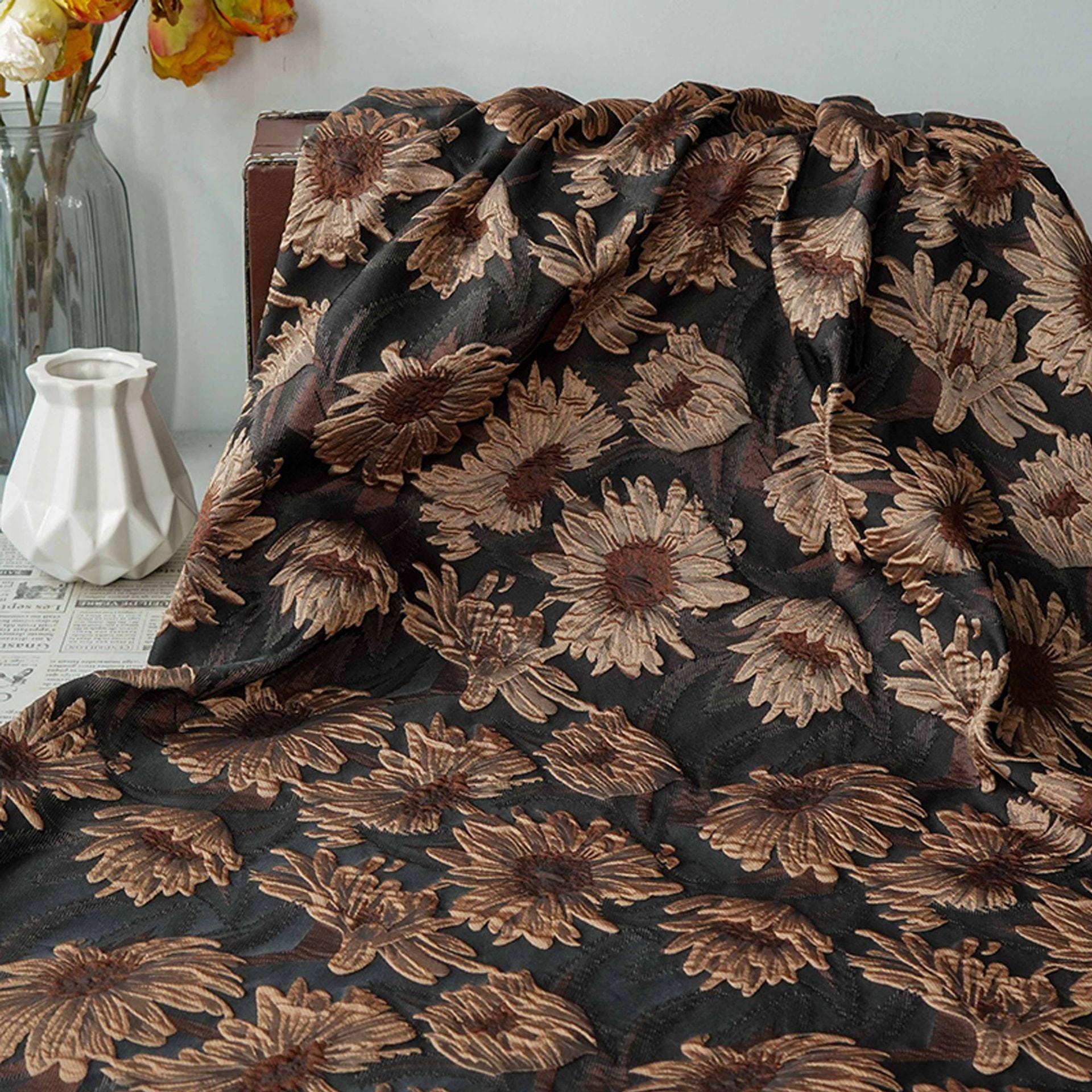 3D Sunflower Jacquard Fabric by the Meter | Vintage Embossed Floral Brocade | Black Brown | Quilting Home Decor Upholstery Bag Making