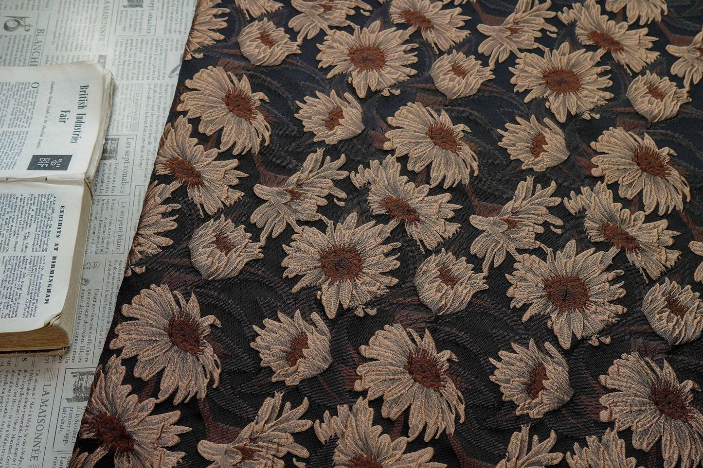 3D Sunflower Jacquard Fabric by the Meter | Vintage Embossed Floral Brocade | Black Brown | Quilting Home Decor Upholstery Bag Making