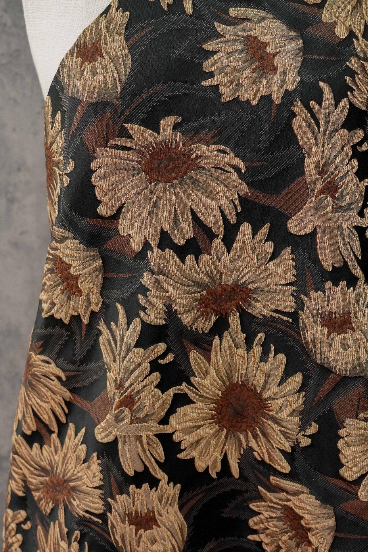 3D Sunflower Jacquard Fabric by the Meter | Vintage Embossed Floral Brocade | Black Brown | Quilting Home Decor Upholstery Bag Making