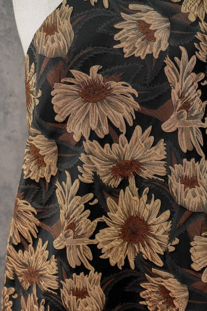 3D Sunflower Jacquard Fabric by the Meter | Vintage Embossed Floral Brocade | Black Brown | Quilting Home Decor Upholstery Bag Making