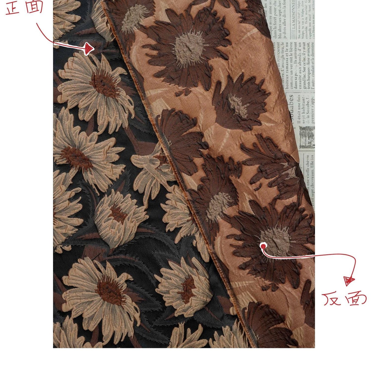 3D Sunflower Jacquard Fabric by the Meter | Vintage Embossed Floral Brocade | Black Brown | Quilting Home Decor Upholstery Bag Making