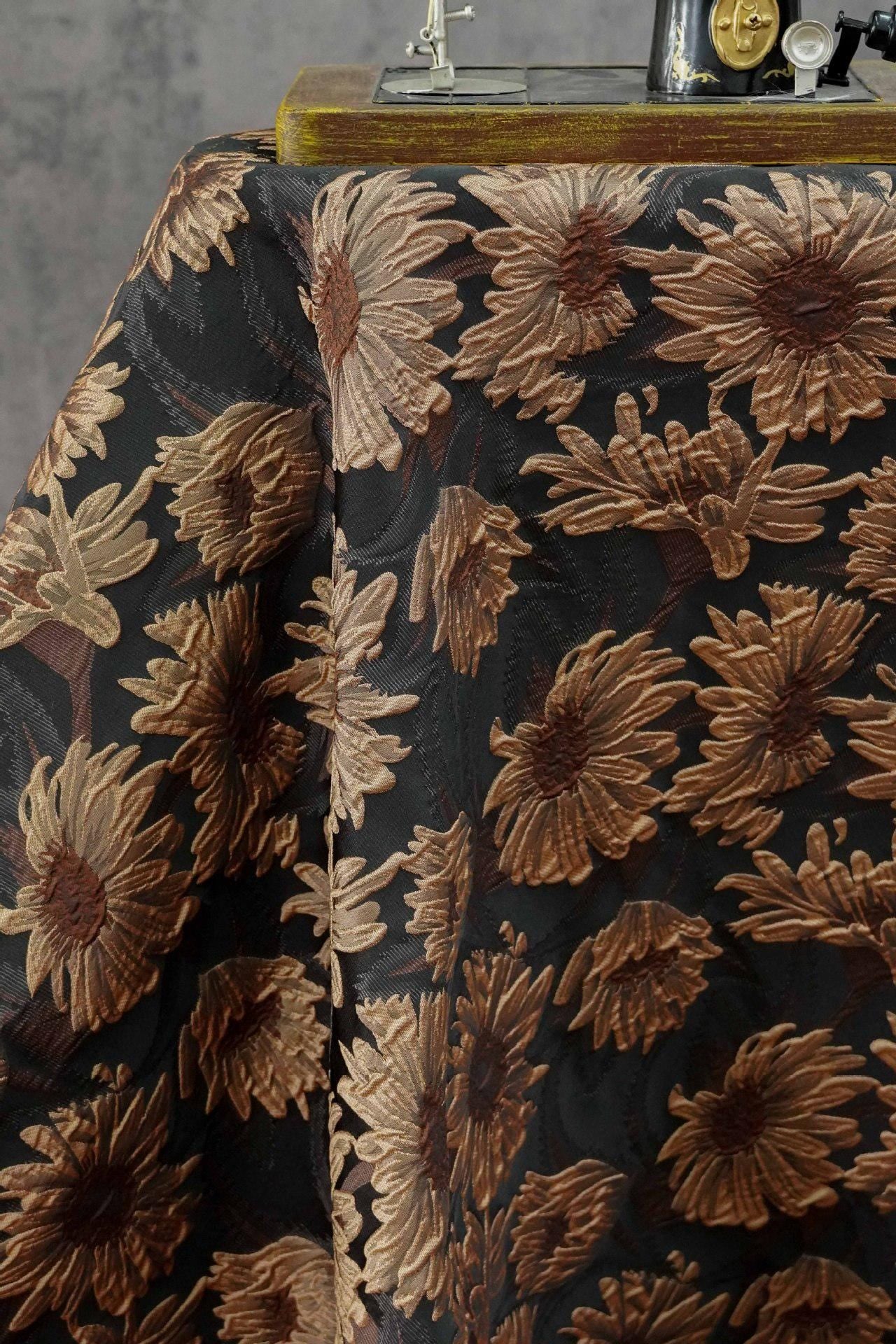 3D Sunflower Jacquard Fabric by the Meter | Vintage Embossed Floral Brocade | Black Brown | Quilting Home Decor Upholstery Bag Making