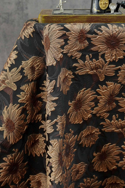 3D Sunflower Jacquard Fabric by the Meter | Vintage Embossed Floral Brocade | Black Brown | Quilting Home Decor Upholstery Bag Making
