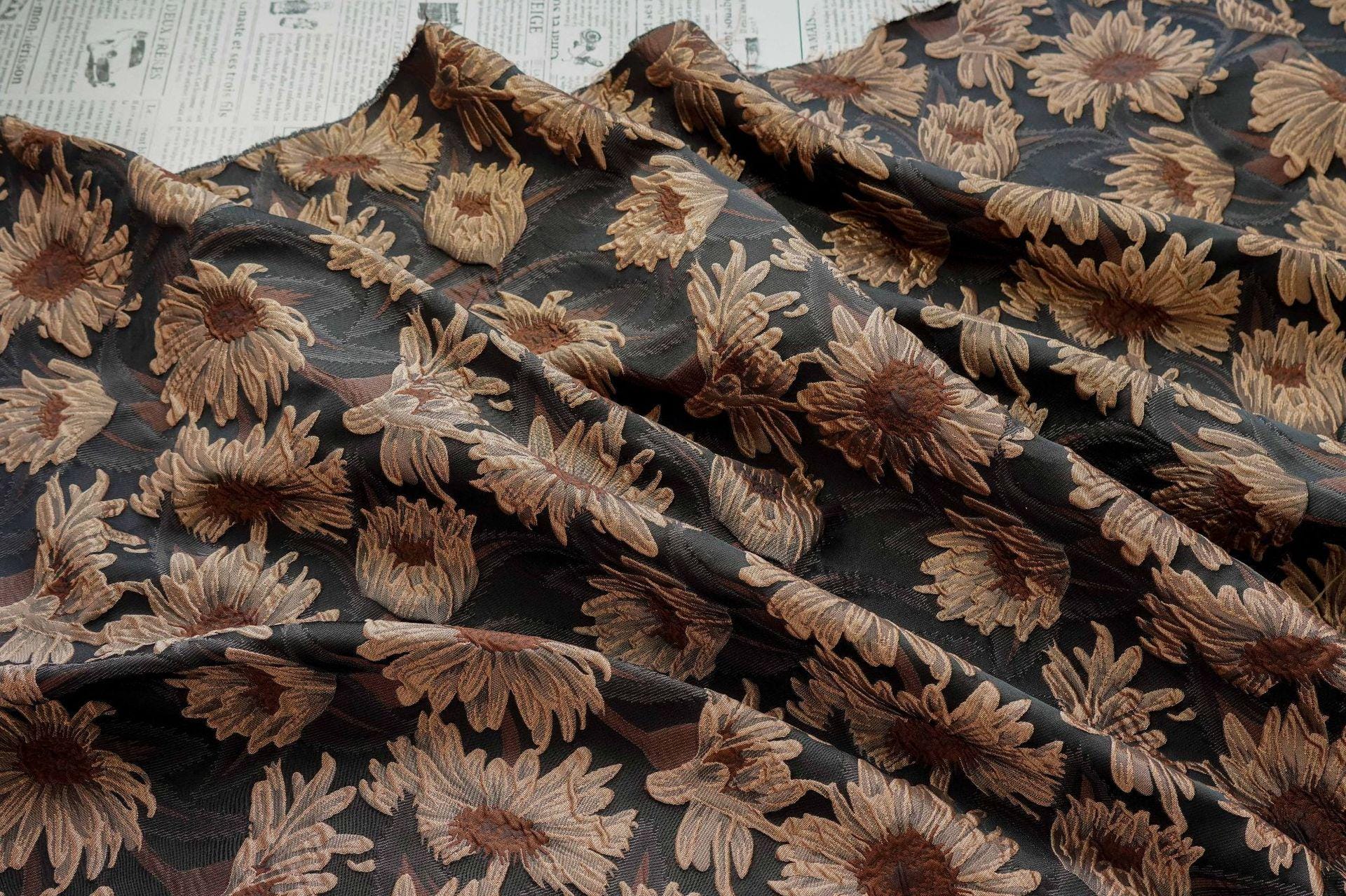 3D Sunflower Jacquard Fabric by the Meter | Vintage Embossed Floral Brocade | Black Brown | Quilting Home Decor Upholstery Bag Making