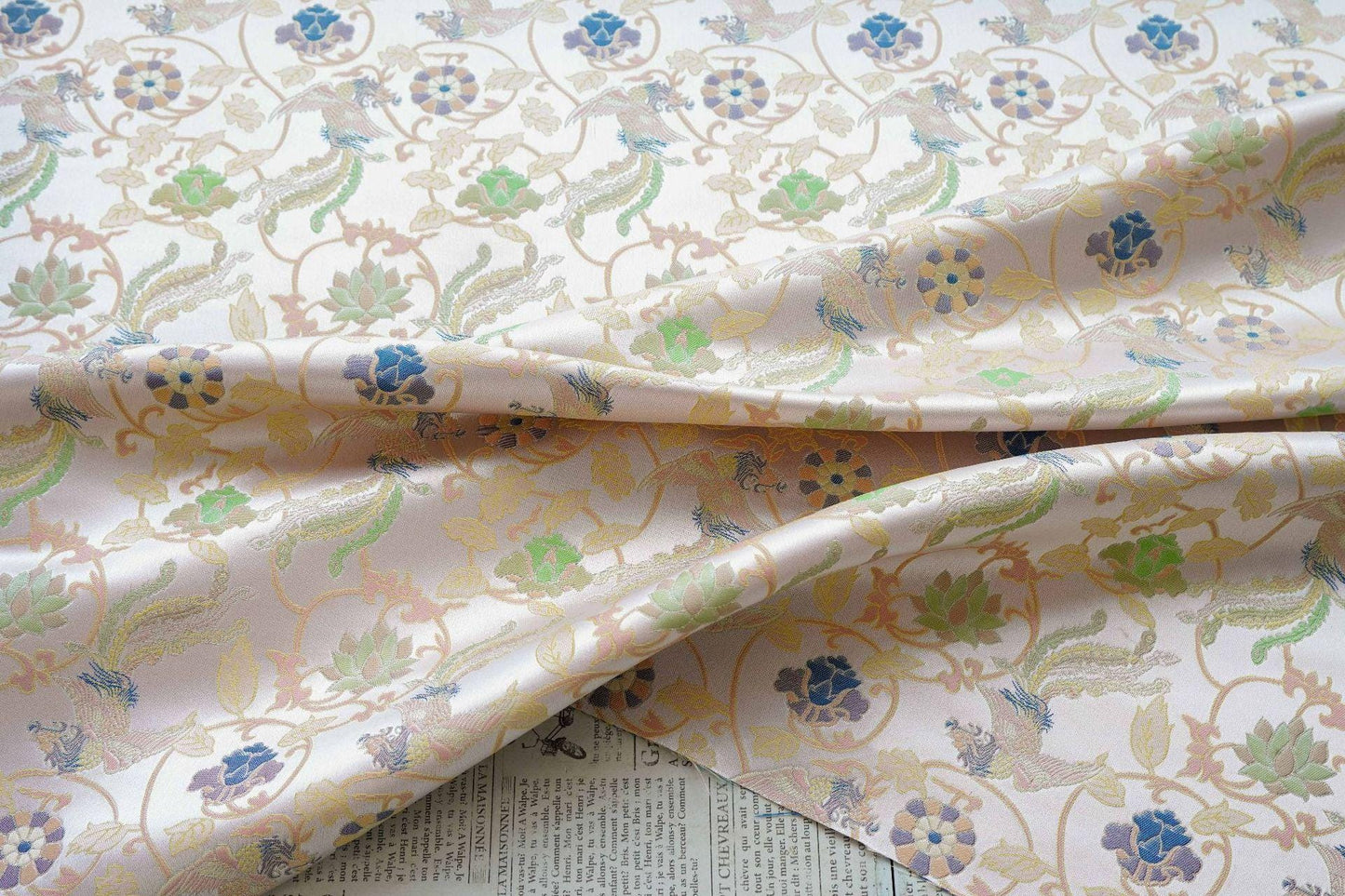 Chinese Phoenix & Lotus Song Brocade Fabric | Gold Thread Jacquard | 64" Wide | Hanfu Qipao Dress Cosplay Wedding - Poppylollipop