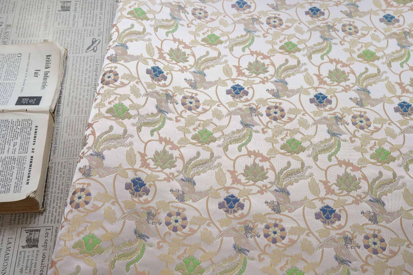 Chinese Phoenix & Lotus Song Brocade Fabric | Gold Thread Jacquard | 64" Wide | Hanfu Qipao Dress Cosplay Wedding - Poppylollipop