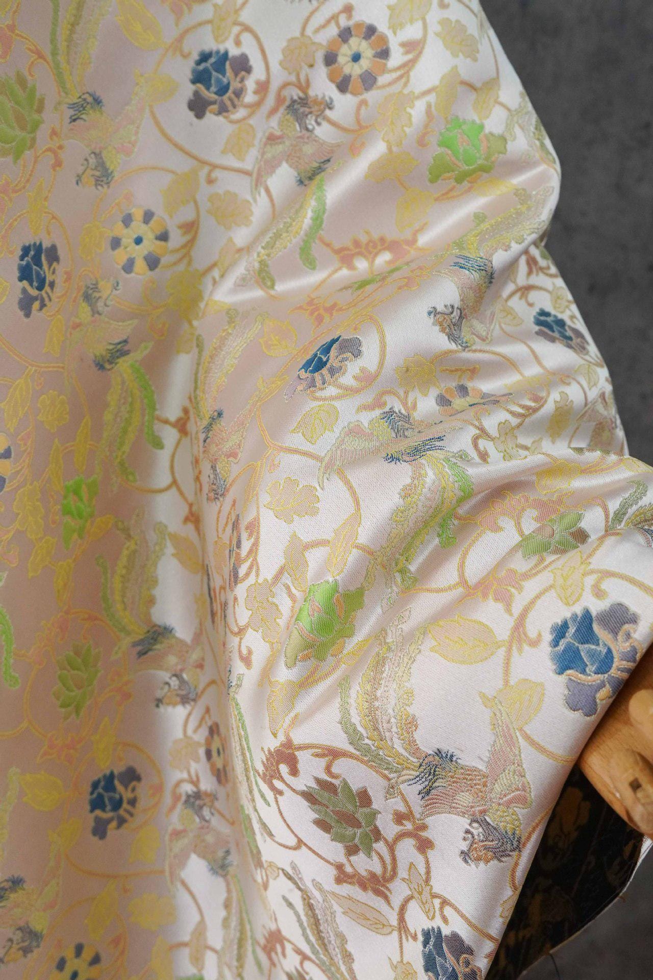 Chinese Phoenix & Lotus Song Brocade Fabric | Gold Thread Jacquard | 64" Wide | Hanfu Qipao Dress Cosplay Wedding - Poppylollipop
