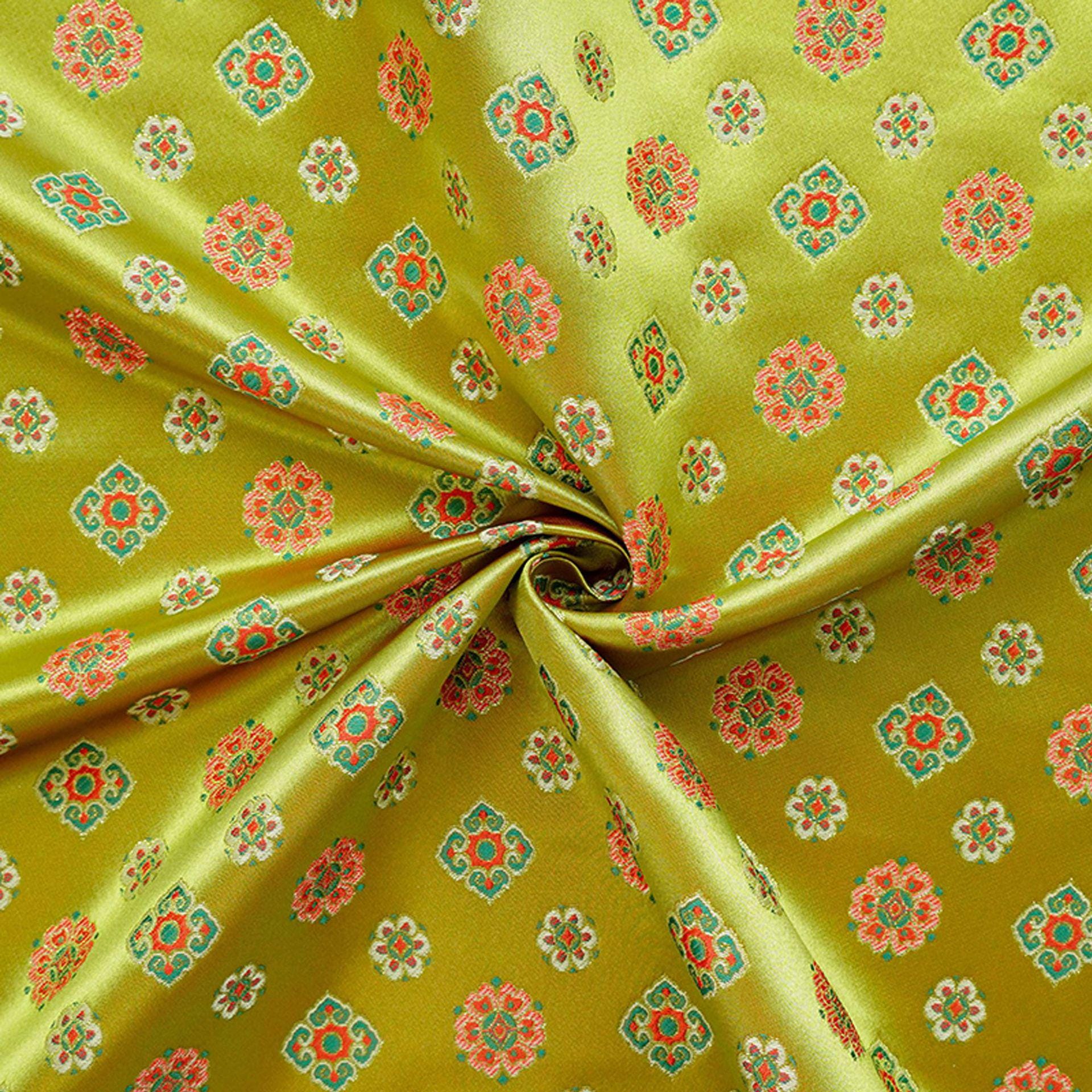 Song Brocade Fabric Yellow Green | Coin Floral Jacquard | Vintage Chinese Pattern | 60" Wide | Hanfu Costume Decor - Poppylollipop
