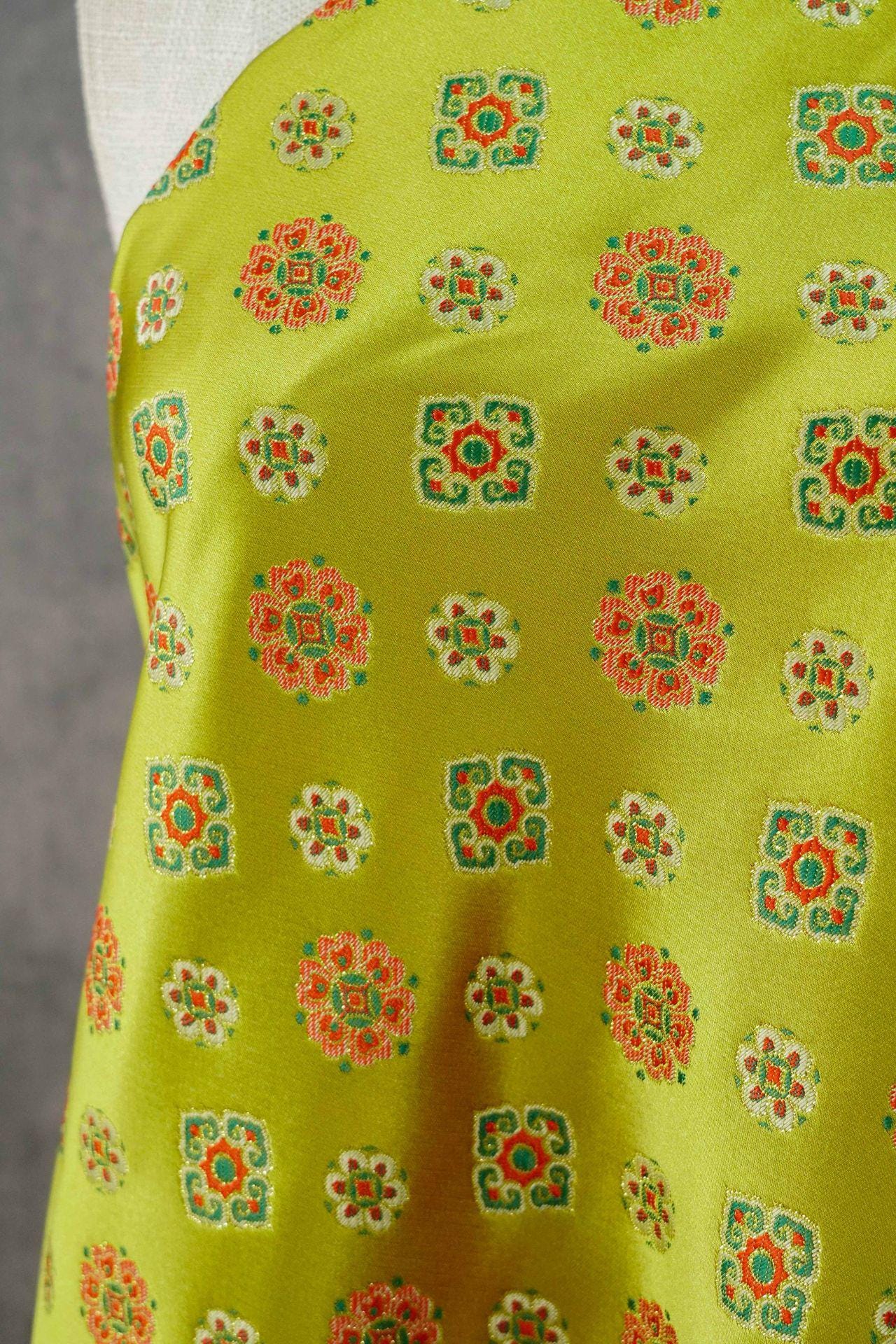 Song Brocade Fabric Yellow Green | Coin Floral Jacquard | Vintage Chinese Pattern | 60" Wide | Hanfu Costume Decor - Poppylollipop