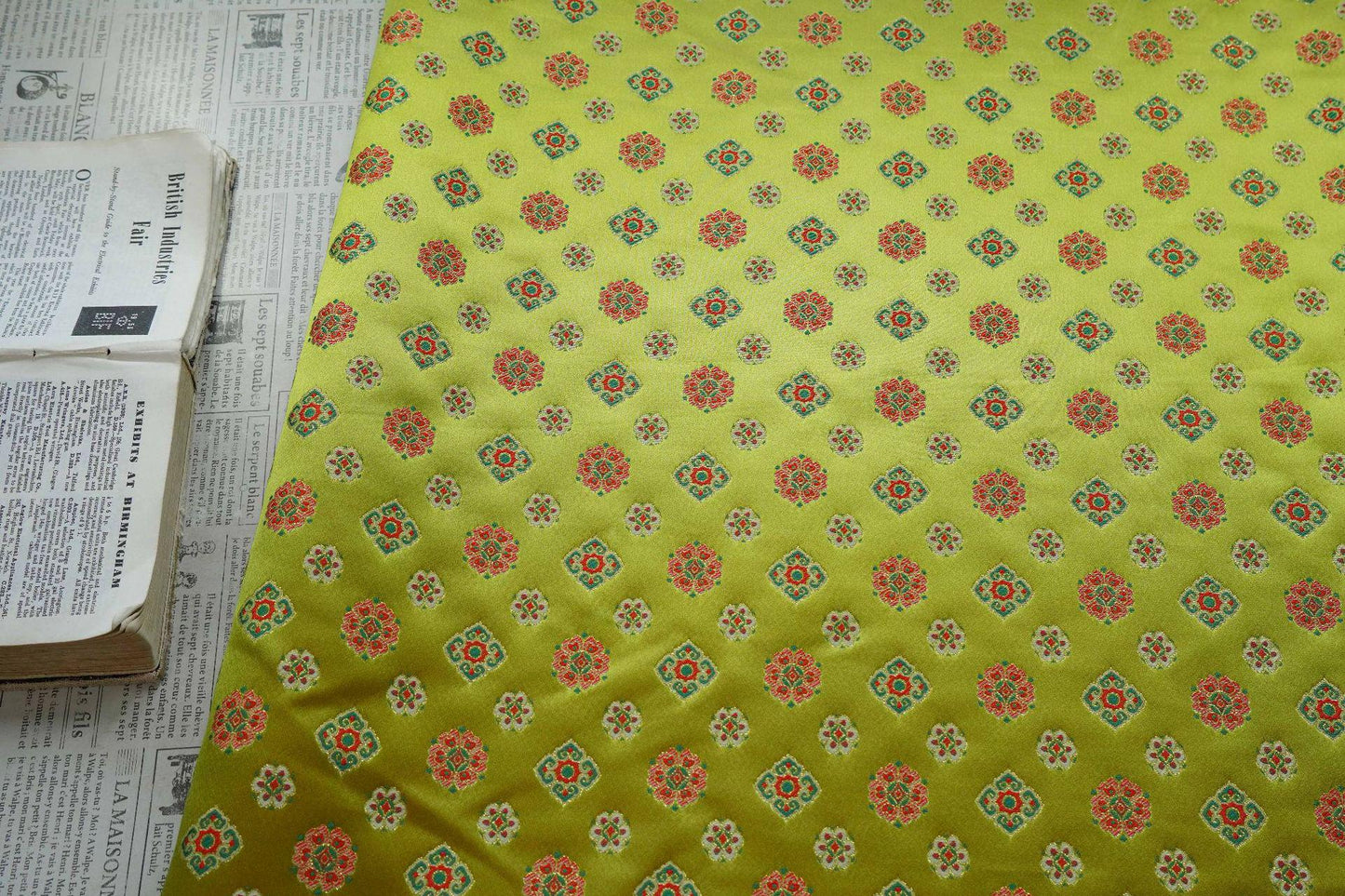 Song Brocade Fabric Yellow Green | Coin Floral Jacquard | Vintage Chinese Pattern | 60" Wide | Hanfu Costume Decor - Poppylollipop