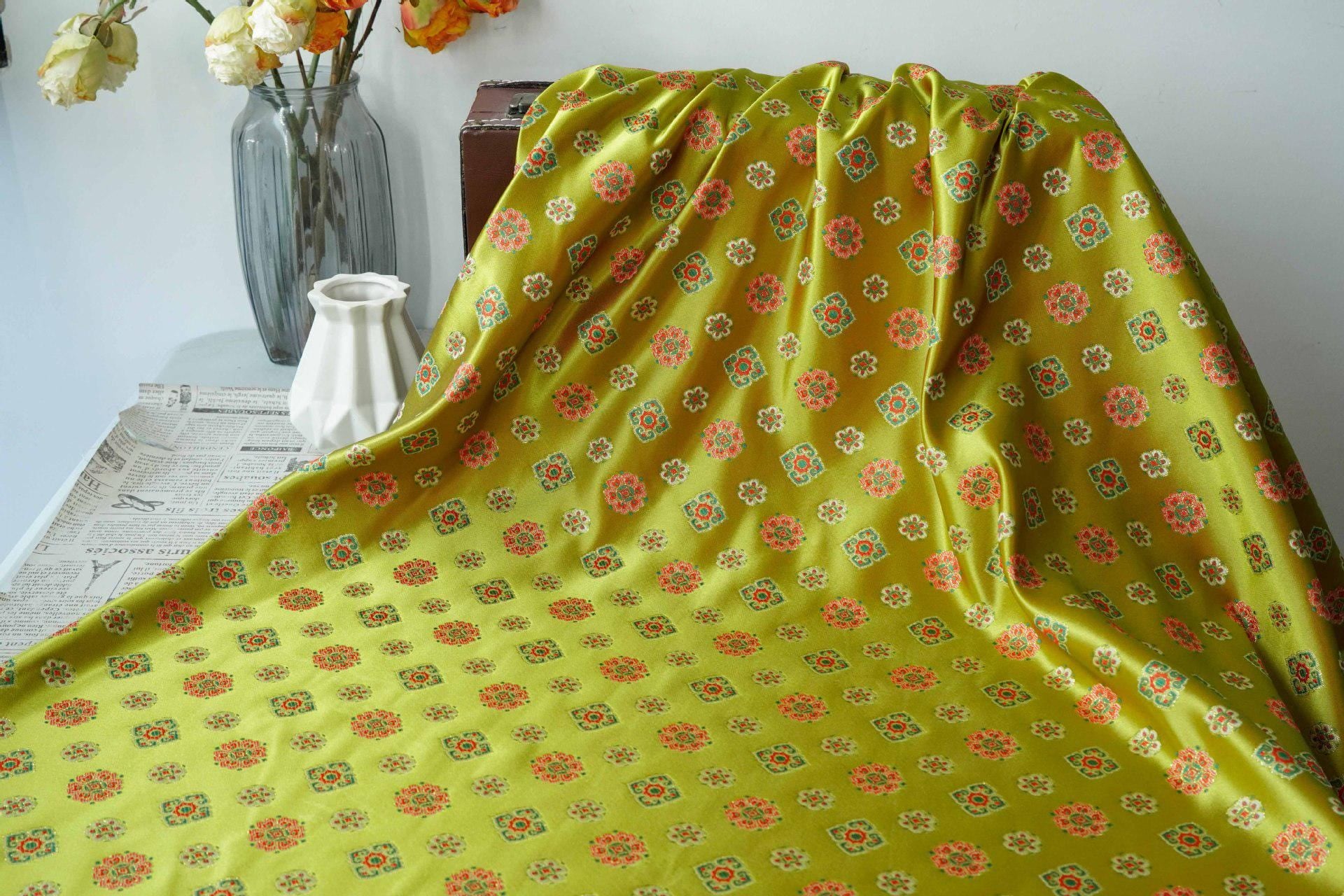 Song Brocade Fabric Yellow Green | Coin Floral Jacquard | Vintage Chinese Pattern | 60" Wide | Hanfu Costume Decor - Poppylollipop