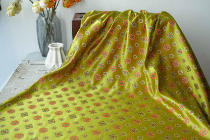 Song Brocade Fabric Yellow Green | Coin Floral Jacquard | Vintage Chinese Pattern | 60" Wide | Hanfu Costume Decor - Poppylollipop