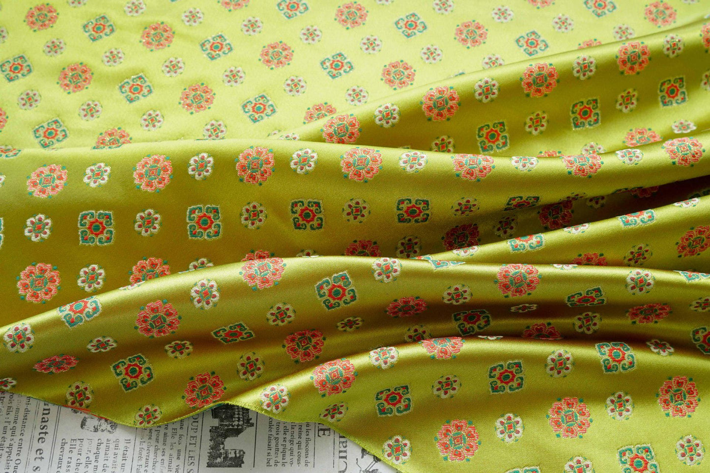 Song Brocade Fabric Yellow Green | Coin Floral Jacquard | Vintage Chinese Pattern | 60" Wide | Hanfu Costume Decor - Poppylollipop