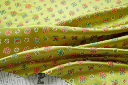 Song Brocade Fabric Yellow Green | Coin Floral Jacquard | Vintage Chinese Pattern | 60" Wide | Hanfu Costume Decor - Poppylollipop