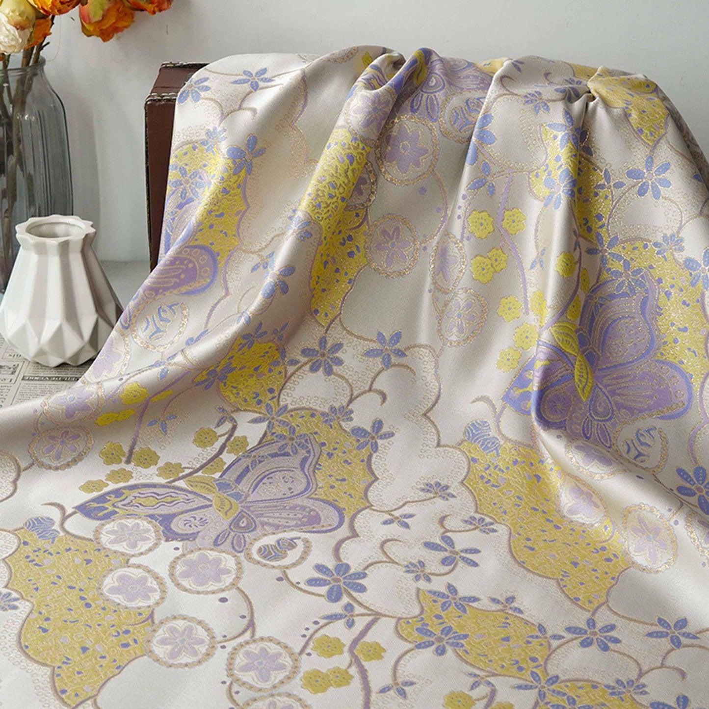 Butterfly Floral Jacquard Fabric Yellow Purple | Gold Thread Brocade | 64" Wide | Vintage Hanfu Dress Cosplay