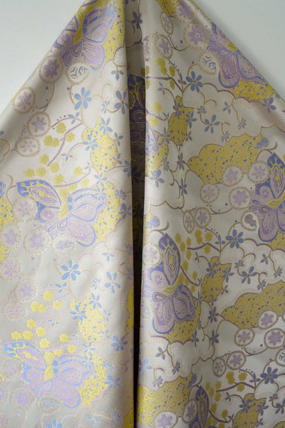 Butterfly Floral Jacquard Fabric Yellow Purple | Gold Thread Brocade | 64" Wide | Vintage Hanfu Dress Cosplay
