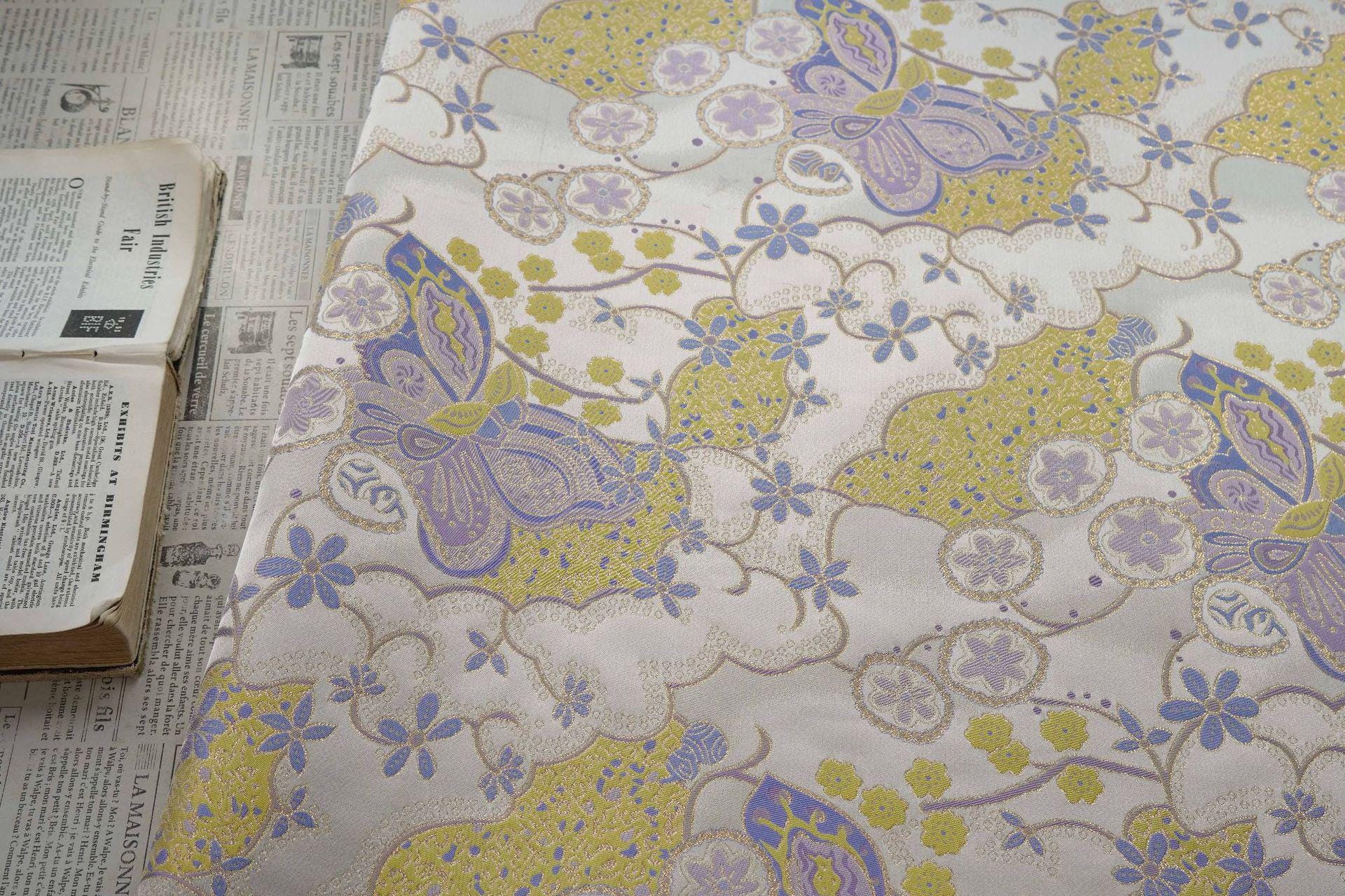 Butterfly Floral Jacquard Fabric Yellow Purple | Gold Thread Brocade | 64" Wide | Vintage Hanfu Dress Cosplay