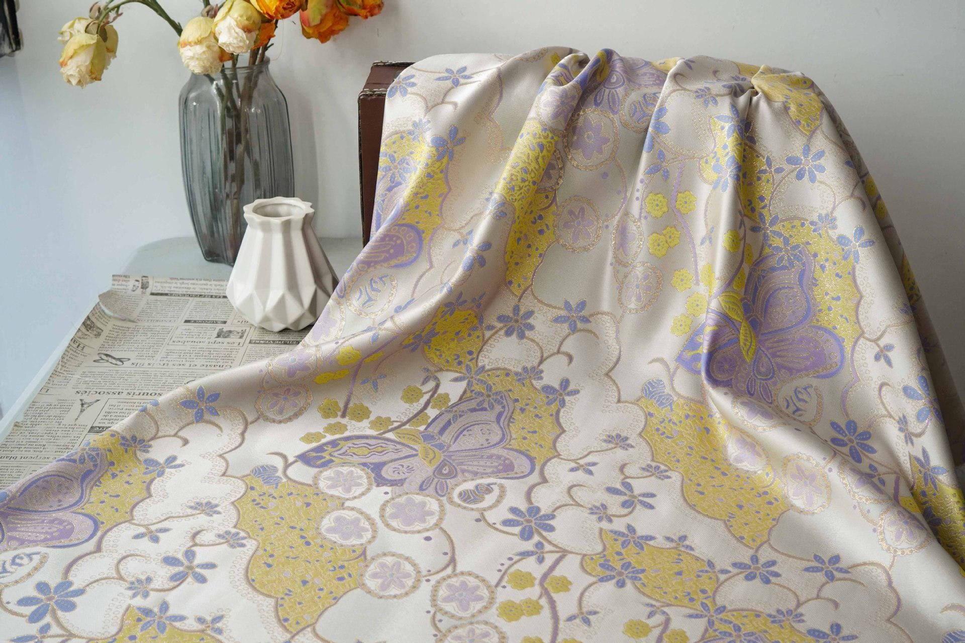 Butterfly Floral Jacquard Fabric Yellow Purple | Gold Thread Brocade | 64" Wide | Vintage Hanfu Dress Cosplay