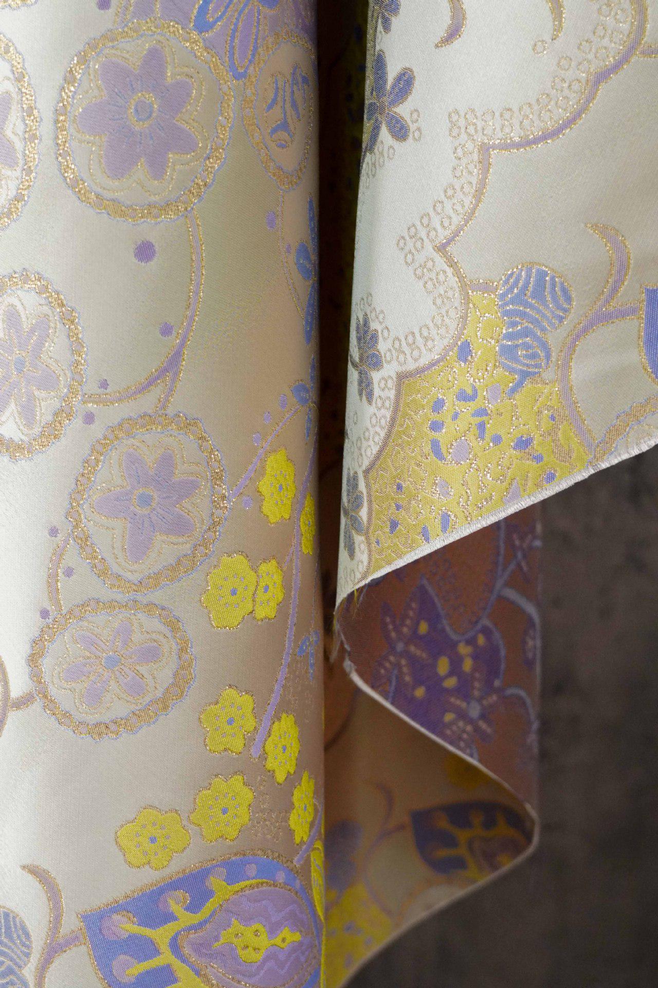 Butterfly Floral Jacquard Fabric Yellow Purple | Gold Thread Brocade | 64" Wide | Vintage Hanfu Dress Cosplay