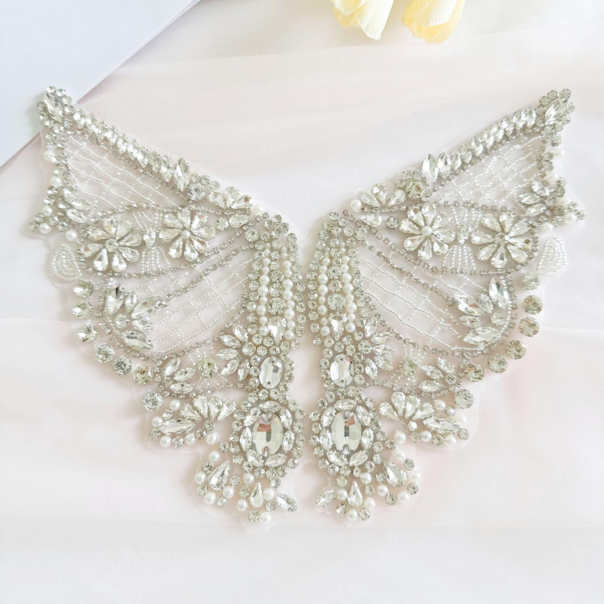 Silver Butterfly Rhinestone Applique | Handmade Crystal Beaded Patch | Bridal Wedding Dress Embellishment Costume Decoration - Poppylollipop
