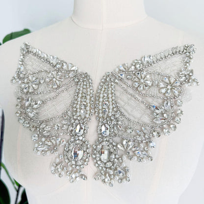 Silver Butterfly Rhinestone Applique | Handmade Crystal Beaded Patch | Bridal Wedding Dress Embellishment Costume Decoration - Poppylollipop