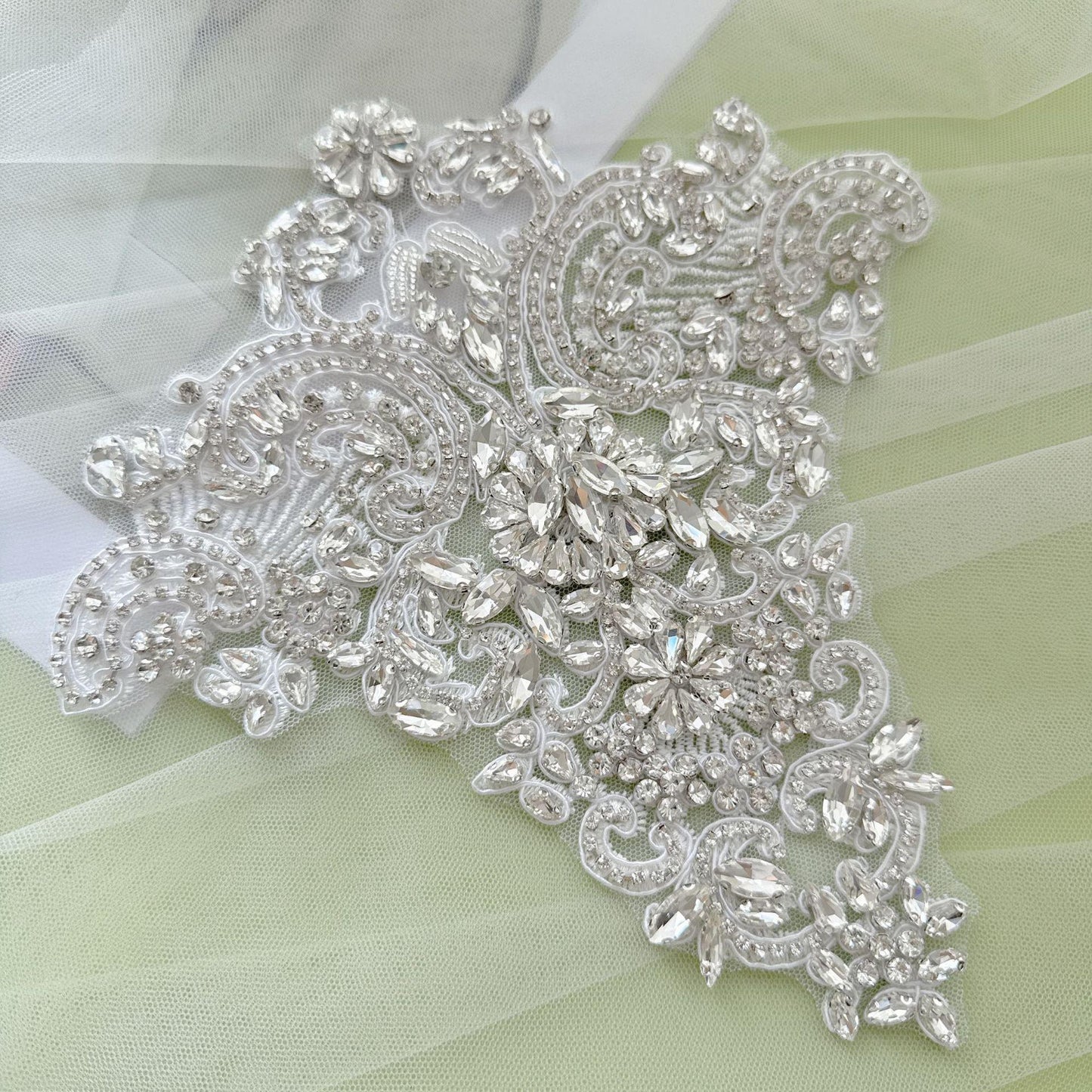 Silver Rhinestone Trim Applique | Handmade Crystal Beaded Sash | Bridal Belt Neckline Shoulder Wedding Dress DIY - Poppylollipop