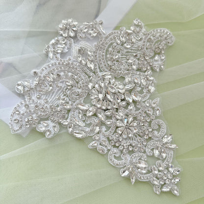 Silver Rhinestone Trim Applique | Handmade Crystal Beaded Sash | Bridal Belt Neckline Shoulder Wedding Dress DIY - Poppylollipop