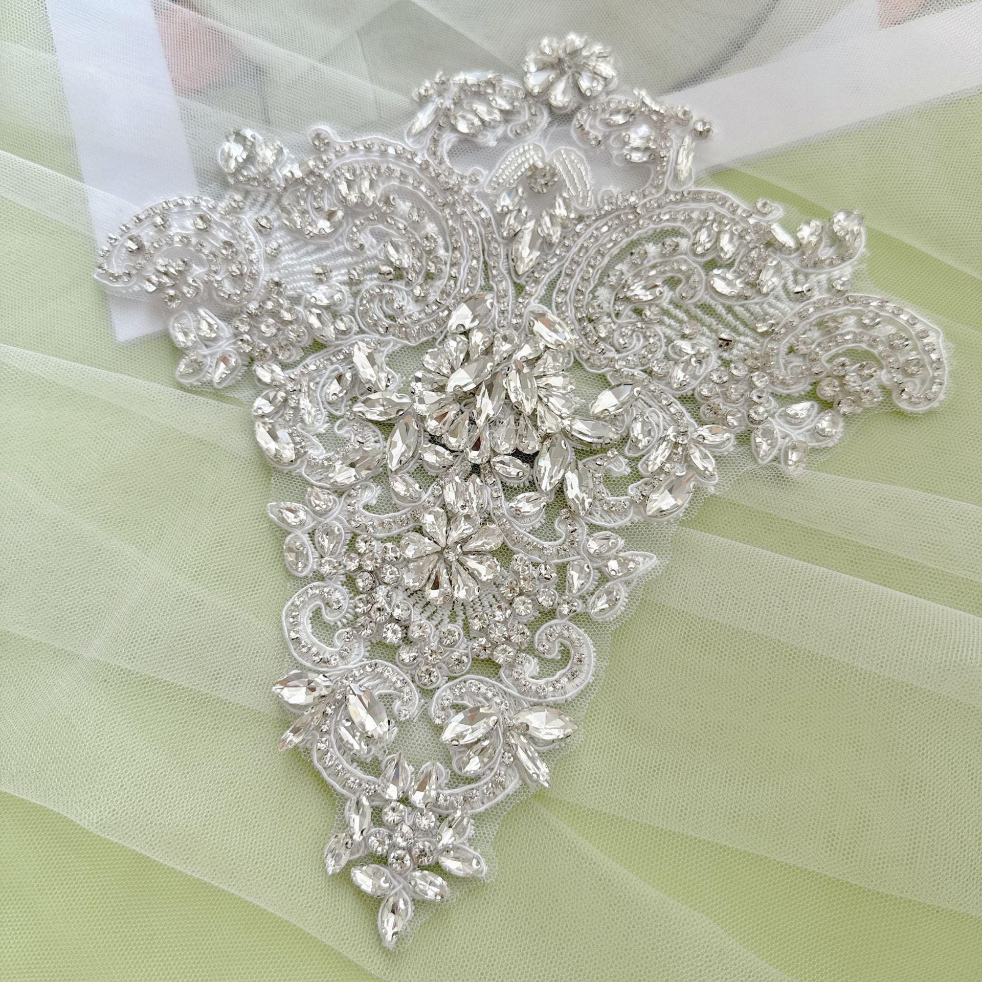 Silver Rhinestone Trim Applique | Handmade Crystal Beaded Sash | Bridal Belt Neckline Shoulder Wedding Dress DIY - Poppylollipop
