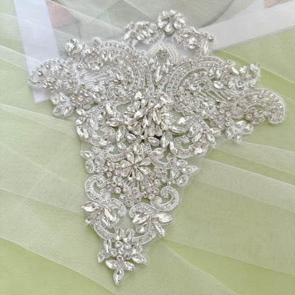 Silver Rhinestone Trim Applique | Handmade Crystal Beaded Sash | Bridal Belt Neckline Shoulder Wedding Dress DIY - Poppylollipop