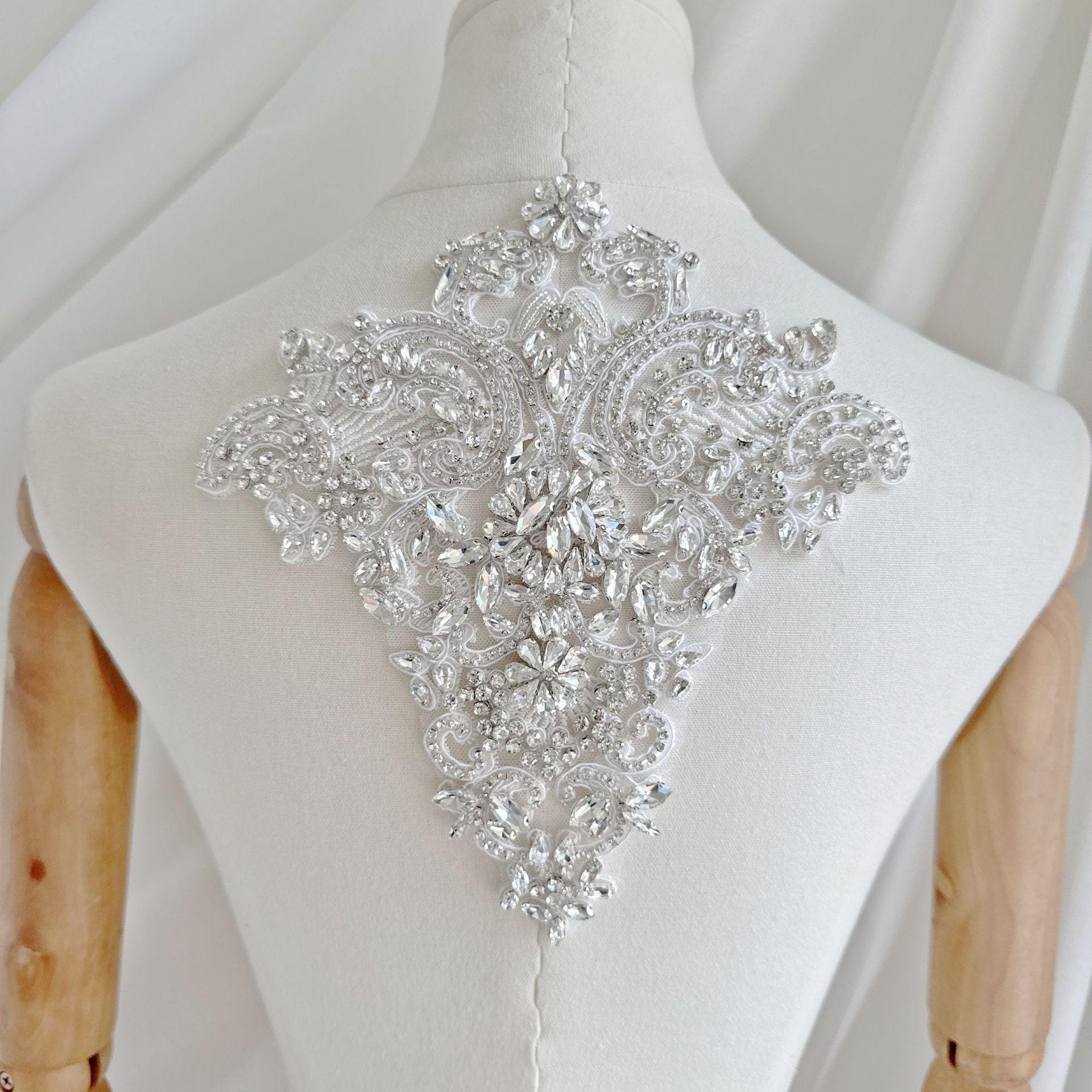 Silver Rhinestone Trim Applique | Handmade Crystal Beaded Sash | Bridal Belt Neckline Shoulder Wedding Dress DIY - Poppylollipop