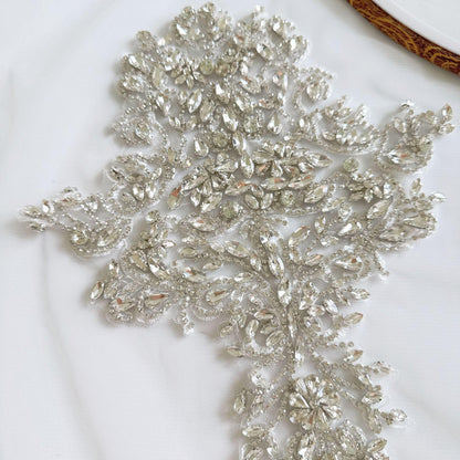 White Flower Rhinestone Applique | Crystal Beaded Floral Patch | Bridal Wedding Dress Dance Costume DIY Embellishment - Poppylollipop