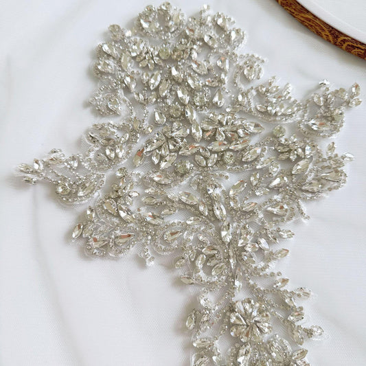 White Flower Rhinestone Applique | Crystal Beaded Floral Patch | Bridal Wedding Dress Dance Costume DIY Embellishment - Poppylollipop
