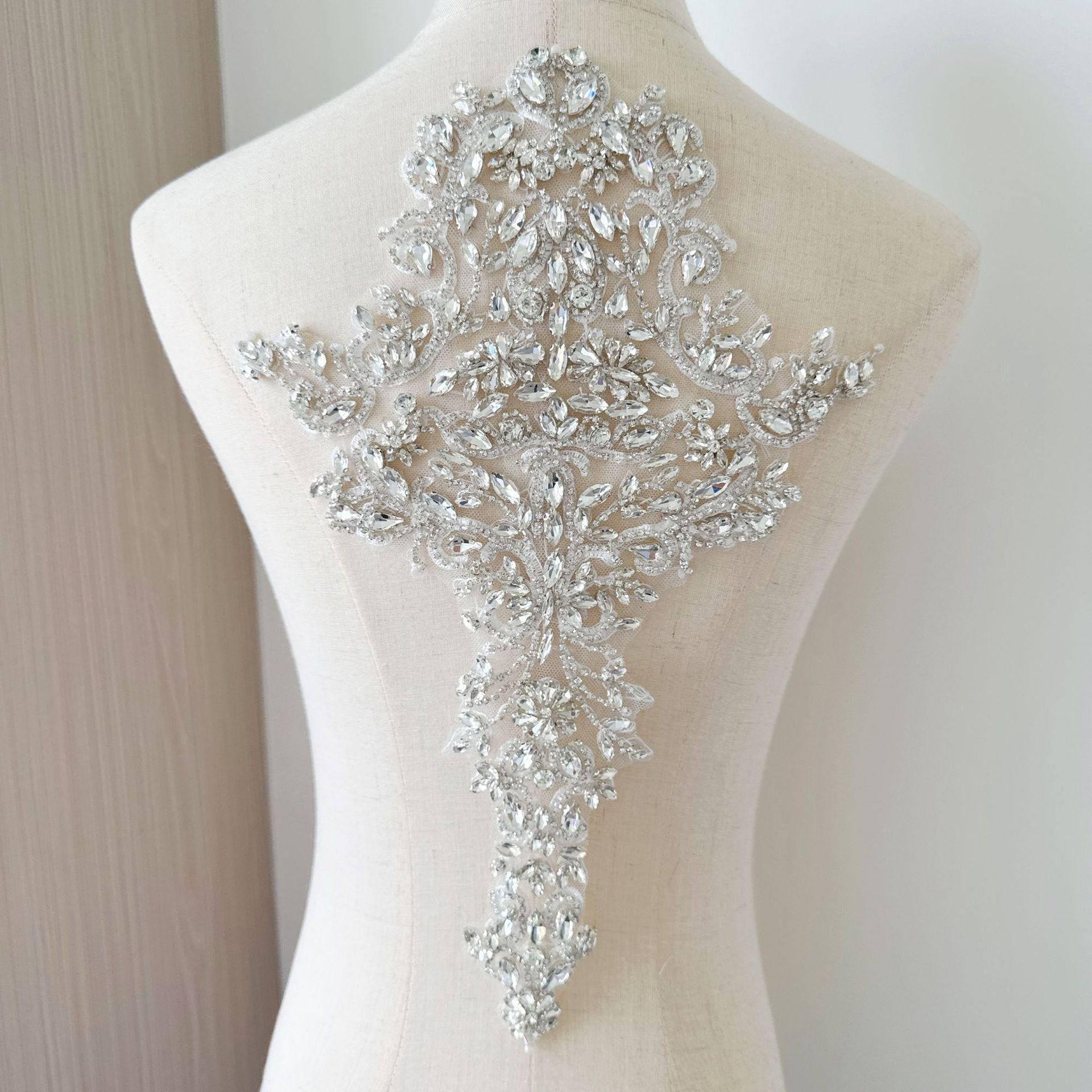 White Flower Rhinestone Applique | Crystal Beaded Floral Patch | Bridal Wedding Dress Dance Costume DIY Embellishment - Poppylollipop