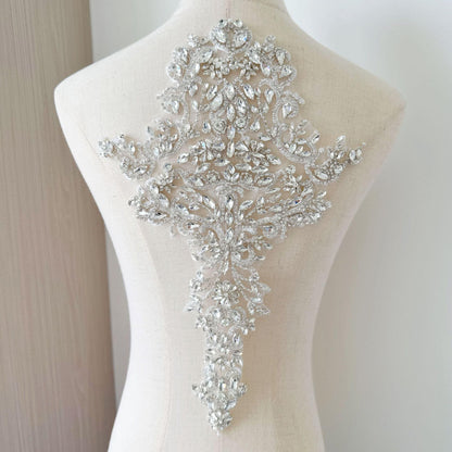 White Flower Rhinestone Applique | Crystal Beaded Floral Patch | Bridal Wedding Dress Dance Costume DIY Embellishment - Poppylollipop