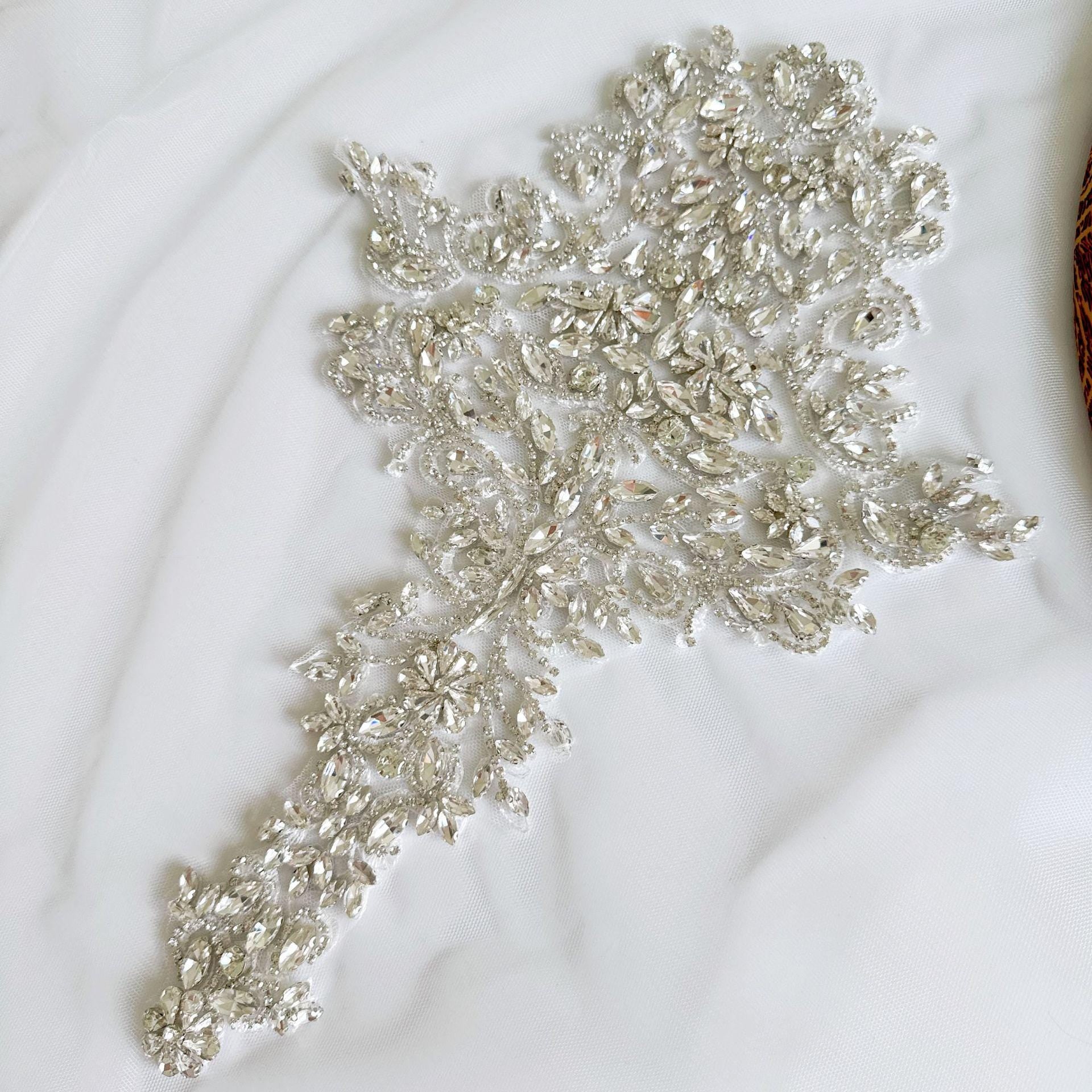 White Flower Rhinestone Applique | Crystal Beaded Floral Patch | Bridal Wedding Dress Dance Costume DIY Embellishment - Poppylollipop