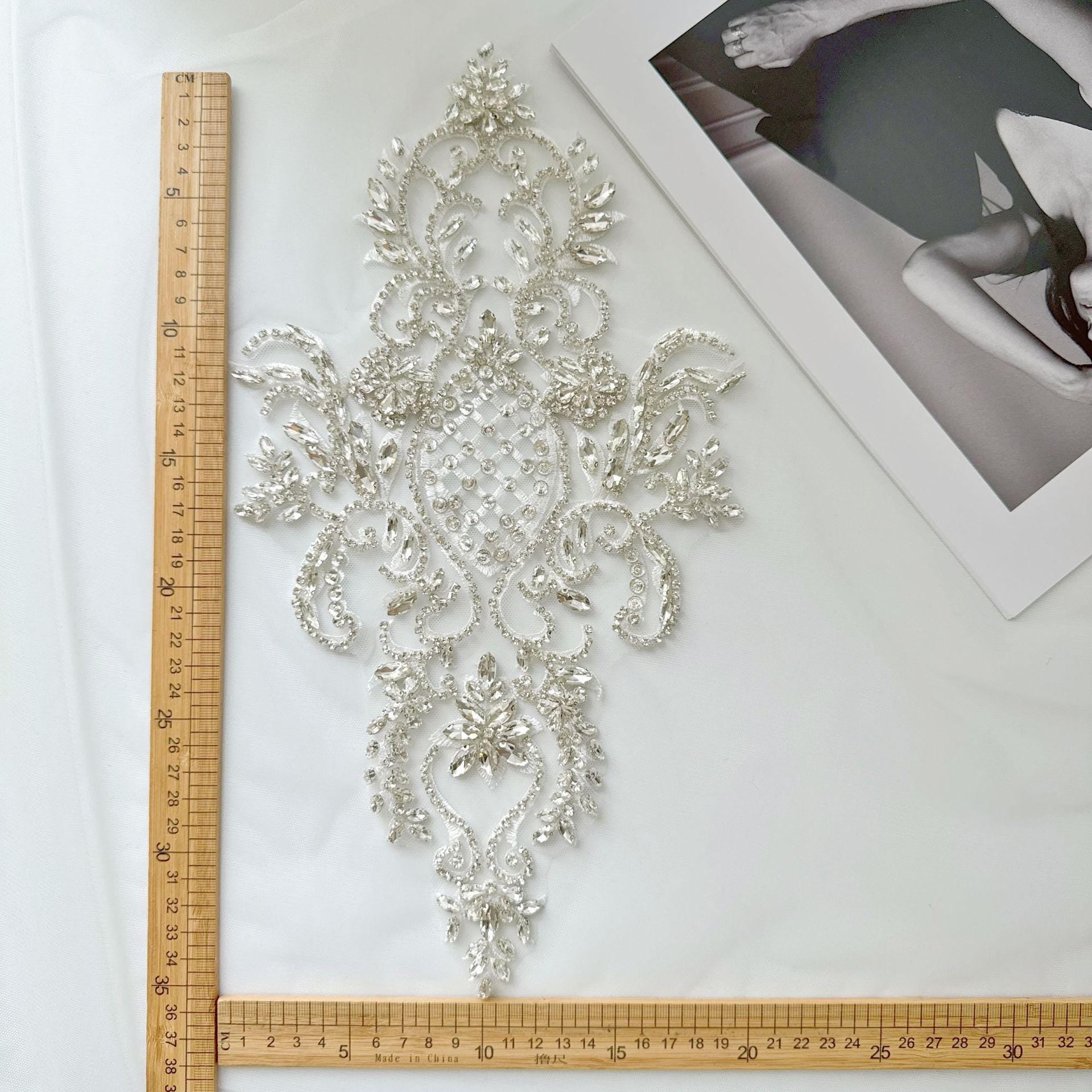 Silver Rhinestone Applique Patch | Handmade Crystal Beaded Embellishment | Bridal Dance Dress DIY Costume Accessory - Poppylollipop