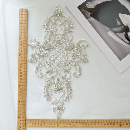 Silver Rhinestone Applique Patch | Handmade Crystal Beaded Embellishment | Bridal Dance Dress DIY Costume Accessory - Poppylollipop
