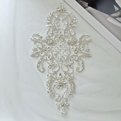 Silver Rhinestone Applique Patch | Handmade Crystal Beaded Embellishment | Bridal Dance Dress DIY Costume Accessory - Poppylollipop