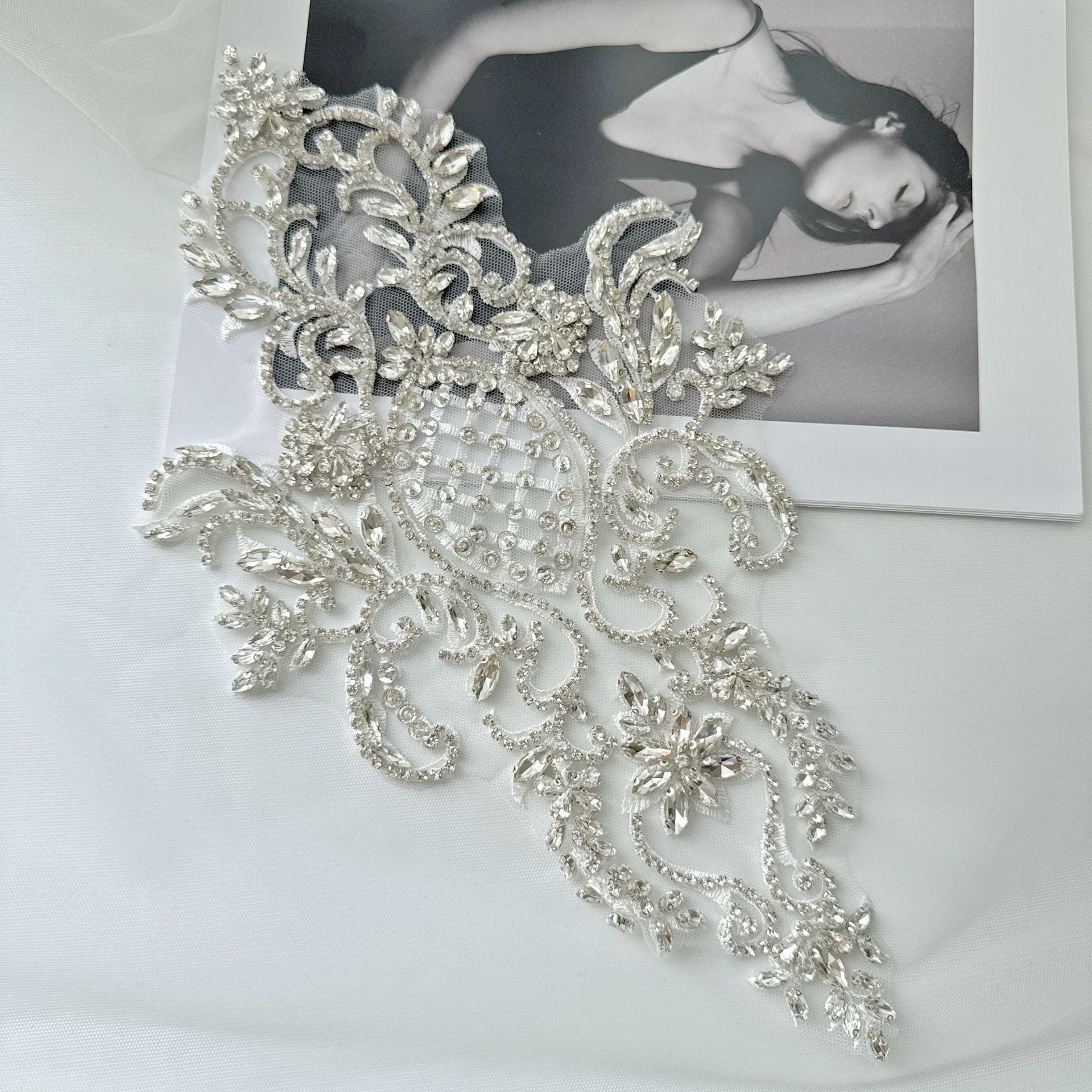 Silver Rhinestone Applique Patch | Handmade Crystal Beaded Embellishment | Bridal Dance Dress DIY Costume Accessory - Poppylollipop
