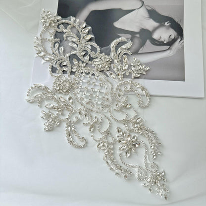 Silver Rhinestone Applique Patch | Handmade Crystal Beaded Embellishment | Bridal Dance Dress DIY Costume Accessory - Poppylollipop